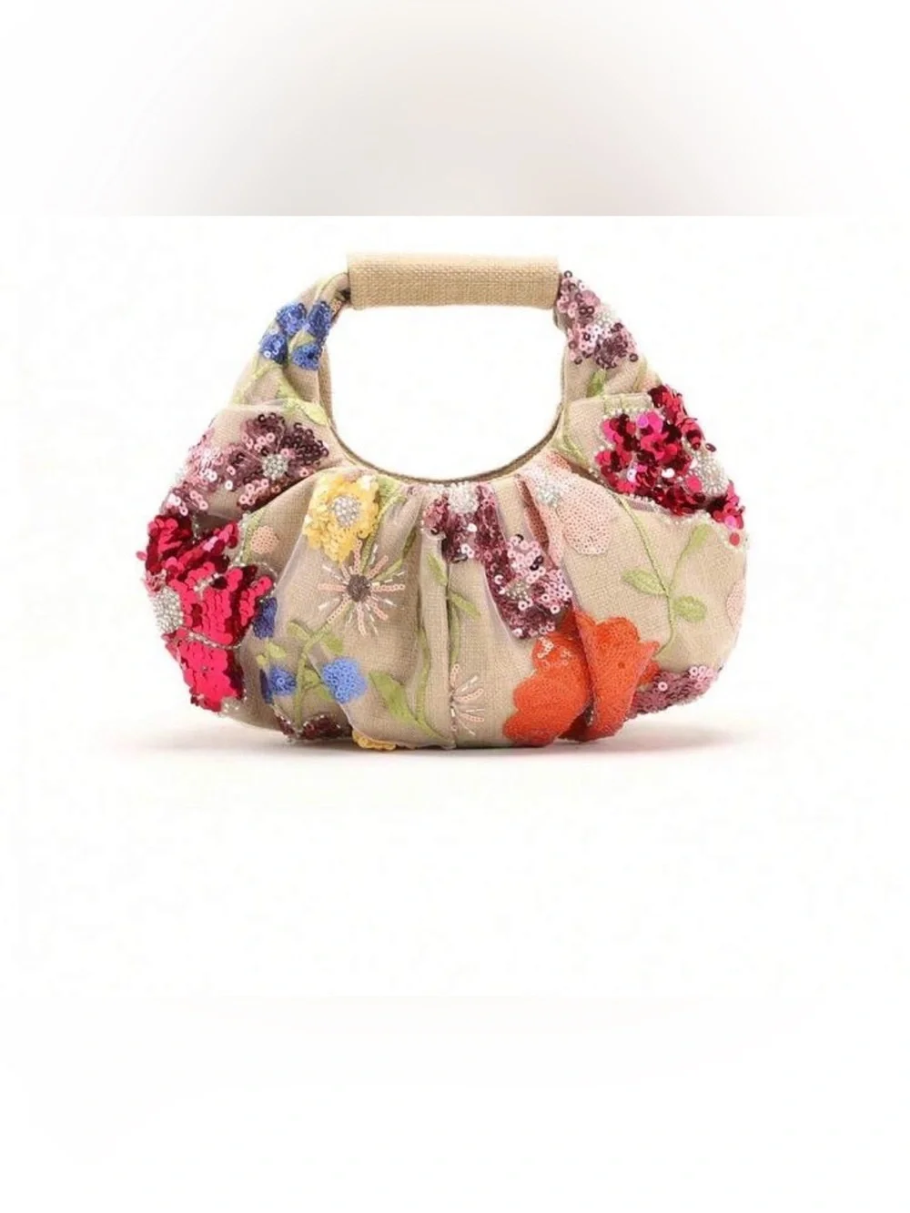 NEW Sequin Floral Embroidered Beige Shoulder Bag